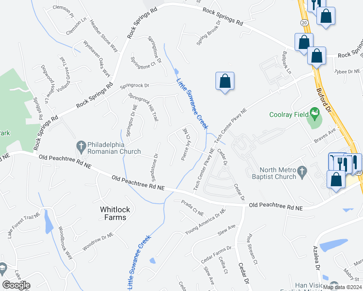 map of restaurants, bars, coffee shops, grocery stores, and more near 965 Pierce Brennen Drive Northeast in Lawrenceville