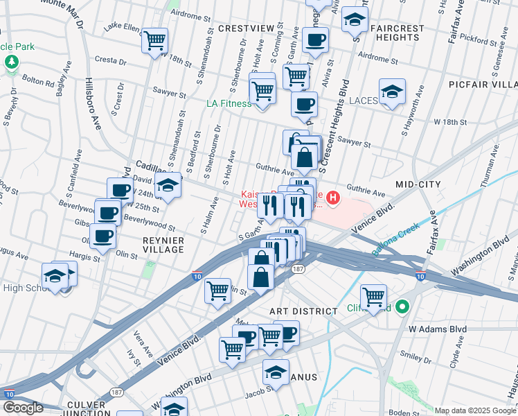 map of restaurants, bars, coffee shops, grocery stores, and more near Cadillac Avenue in Los Angeles