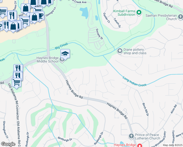 map of restaurants, bars, coffee shops, grocery stores, and more near 10625 Haynes Forest Drive in Alpharetta