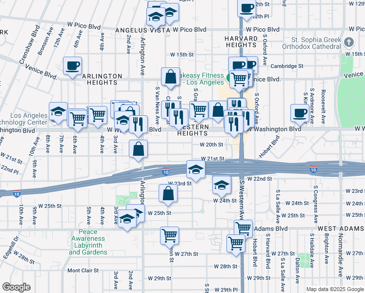 map of restaurants, bars, coffee shops, grocery stores, and more near 2266 West 21st Street in Los Angeles