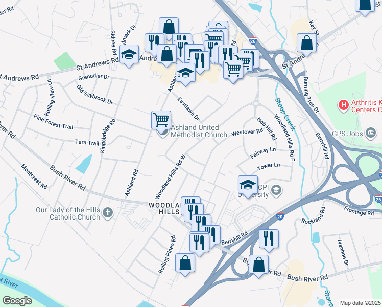 map of restaurants, bars, coffee shops, grocery stores, and more near 632 Woodland Hills Road West in Columbia