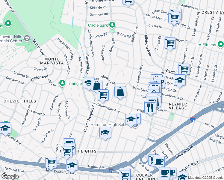 map of restaurants, bars, coffee shops, grocery stores, and more near Cardiff Avenue in Los Angeles