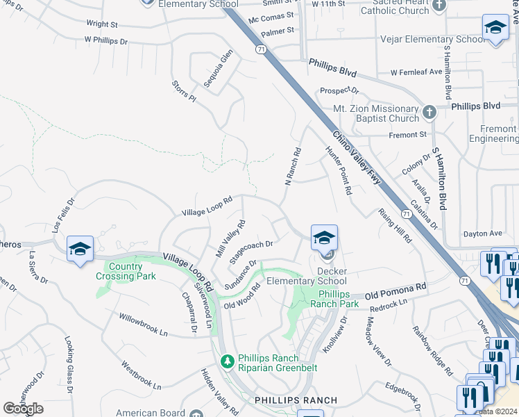 map of restaurants, bars, coffee shops, grocery stores, and more near 6 Blacksmith Circle in Pomona