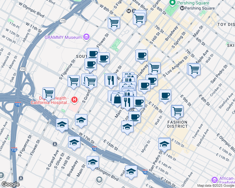 map of restaurants, bars, coffee shops, grocery stores, and more near 120 West 12th Street in Los Angeles