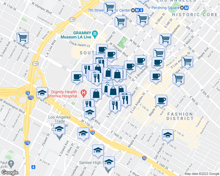 map of restaurants, bars, coffee shops, grocery stores, and more near 222 West Pico Boulevard in Los Angeles