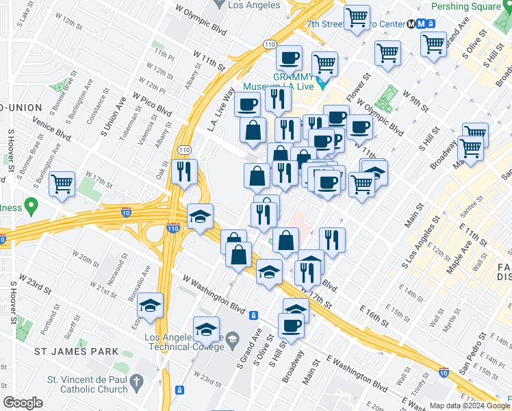 map of restaurants, bars, coffee shops, grocery stores, and more near 1400 South Figueroa Street in Los Angeles