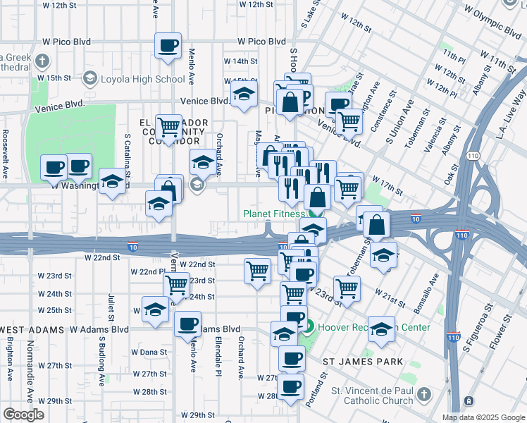 map of restaurants, bars, coffee shops, grocery stores, and more near 1354 West 20th Street in Los Angeles