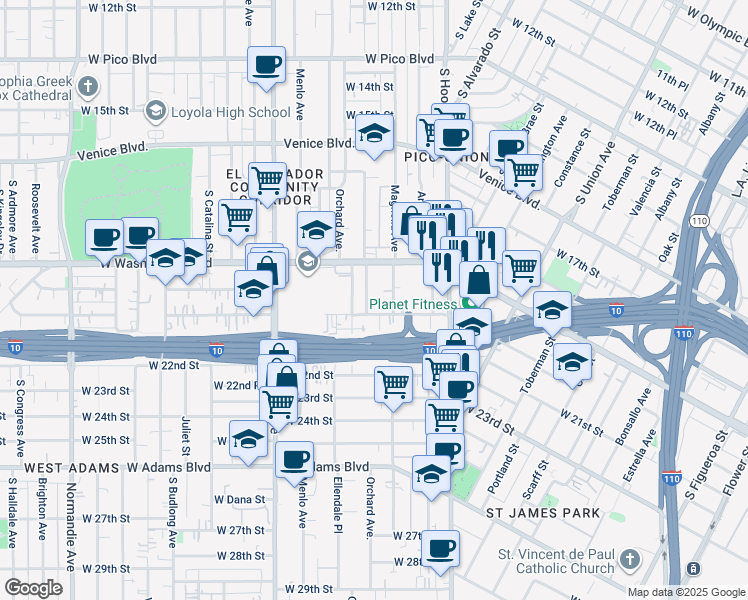 map of restaurants, bars, coffee shops, grocery stores, and more near 2002 Magnolia Avenue in Los Angeles