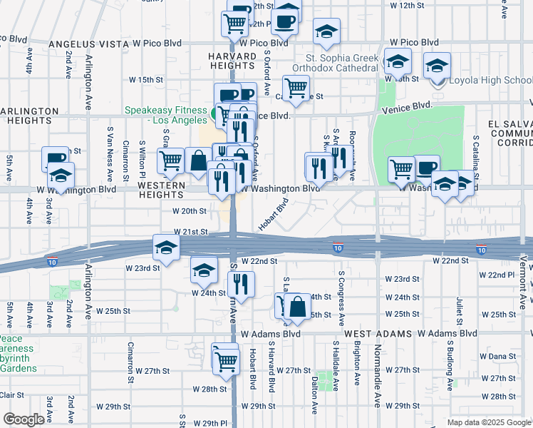 map of restaurants, bars, coffee shops, grocery stores, and more near 2100 South Hobart Boulevard in Los Angeles