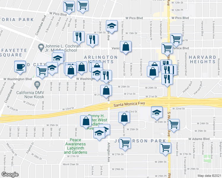 map of restaurants, bars, coffee shops, grocery stores, and more near 2374 West 21st Street in Los Angeles