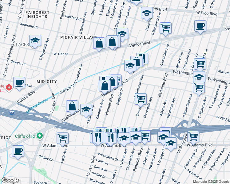 map of restaurants, bars, coffee shops, grocery stores, and more near 2100 Hauser Boulevard in Los Angeles