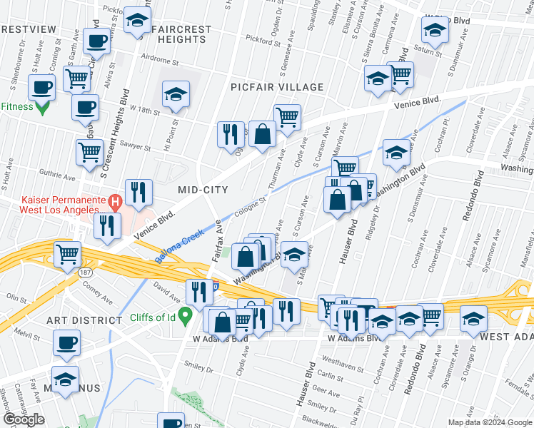 map of restaurants, bars, coffee shops, grocery stores, and more near 2207 Thurman Avenue in Los Angeles