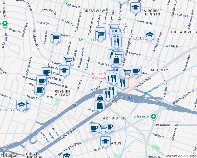 map of restaurants, bars, coffee shops, grocery stores, and more near 2333 South Garth Avenue in Los Angeles