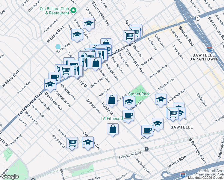 map of restaurants, bars, coffee shops, grocery stores, and more near 1730 Brockton Avenue in Los Angeles
