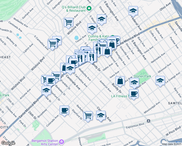 map of restaurants, bars, coffee shops, grocery stores, and more near in Los Angeles