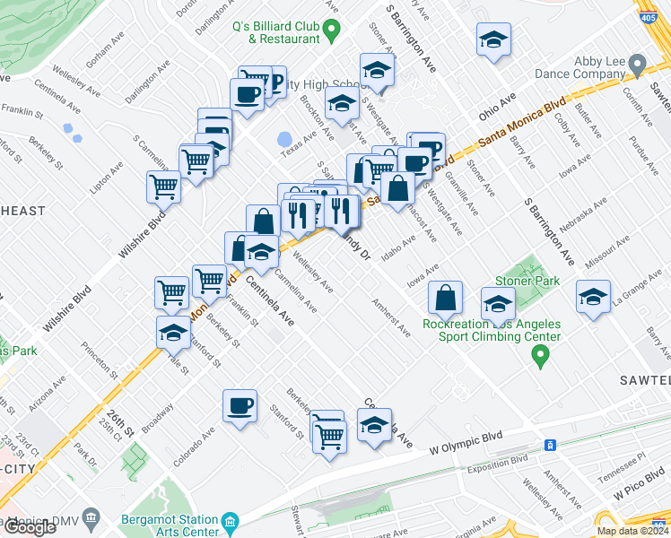 map of restaurants, bars, coffee shops, grocery stores, and more near in Los Angeles