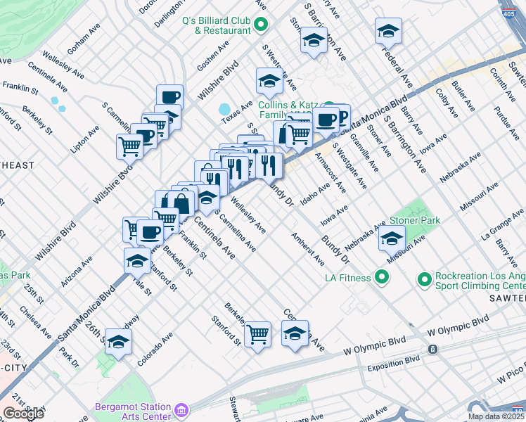map of restaurants, bars, coffee shops, grocery stores, and more near 1529 Wellesley Avenue in Los Angeles