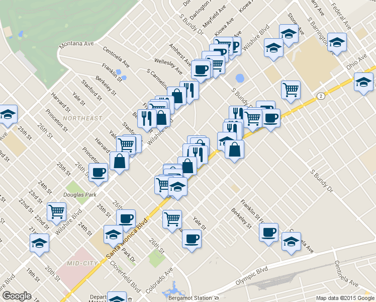 map of restaurants, bars, coffee shops, grocery stores, and more near 1331 Berkeley Street in Santa Monica