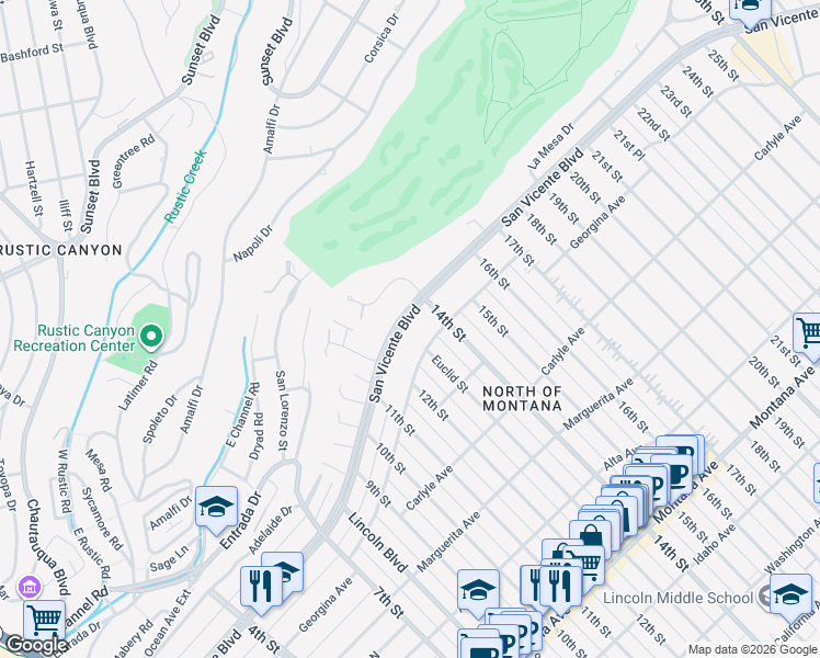 map of restaurants, bars, coffee shops, grocery stores, and more near 1227 Georgina Avenue in Santa Monica