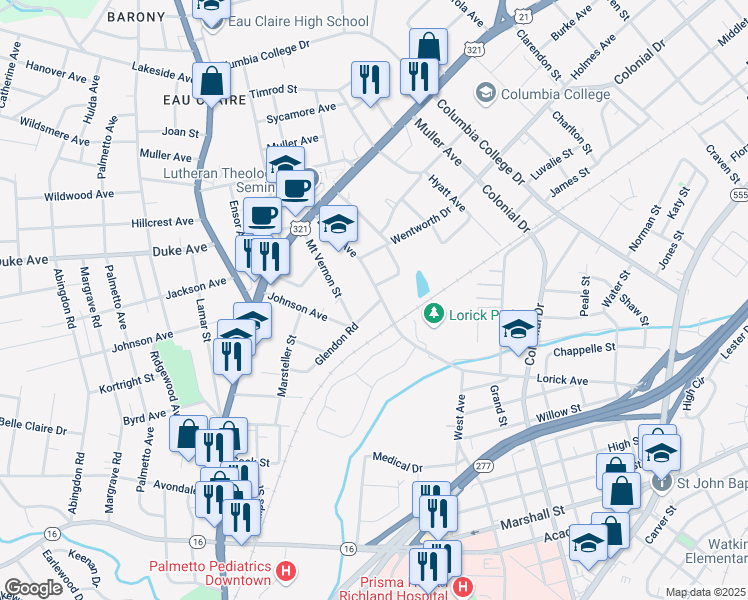 map of restaurants, bars, coffee shops, grocery stores, and more near 4104 Glendon Road in Columbia