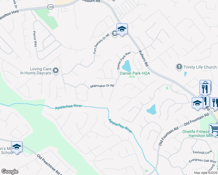 map of restaurants, bars, coffee shops, grocery stores, and more near 1634 Mapmaker Drive Northeast in Dacula