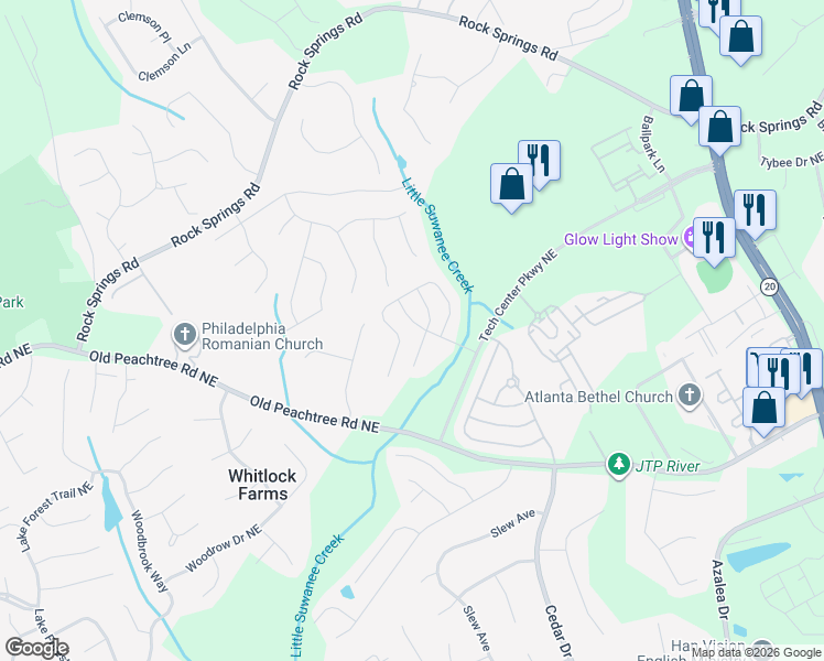 map of restaurants, bars, coffee shops, grocery stores, and more near 965 Pierce Brennen Drive Northeast in Lawrenceville