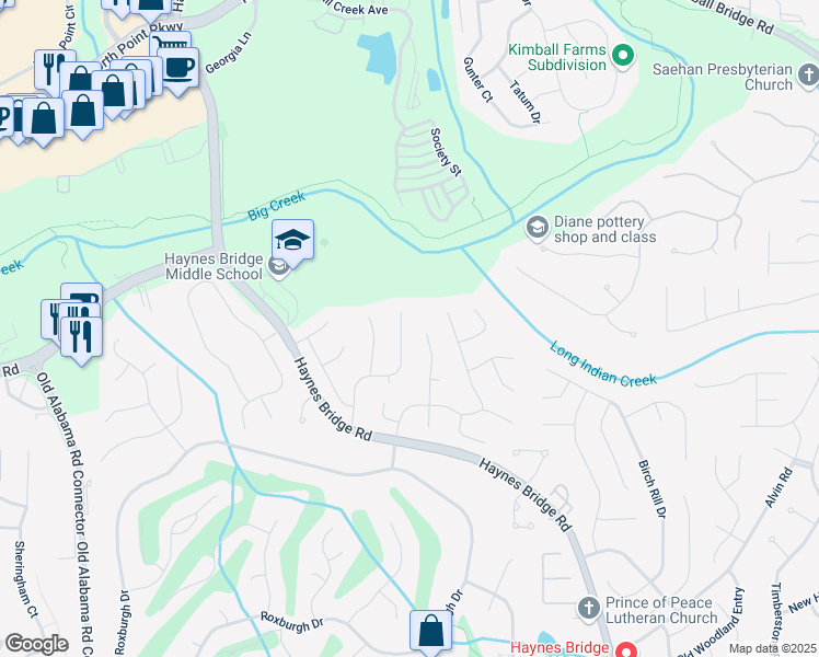 map of restaurants, bars, coffee shops, grocery stores, and more near 10625 Haynes Forest Drive in Alpharetta