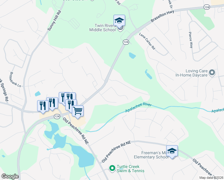 map of restaurants, bars, coffee shops, grocery stores, and more near 2227 Roberts View Trail in Buford