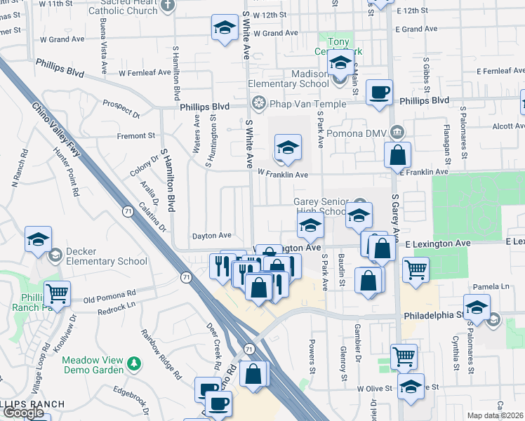 map of restaurants, bars, coffee shops, grocery stores, and more near 1849 Matthews Place in Pomona