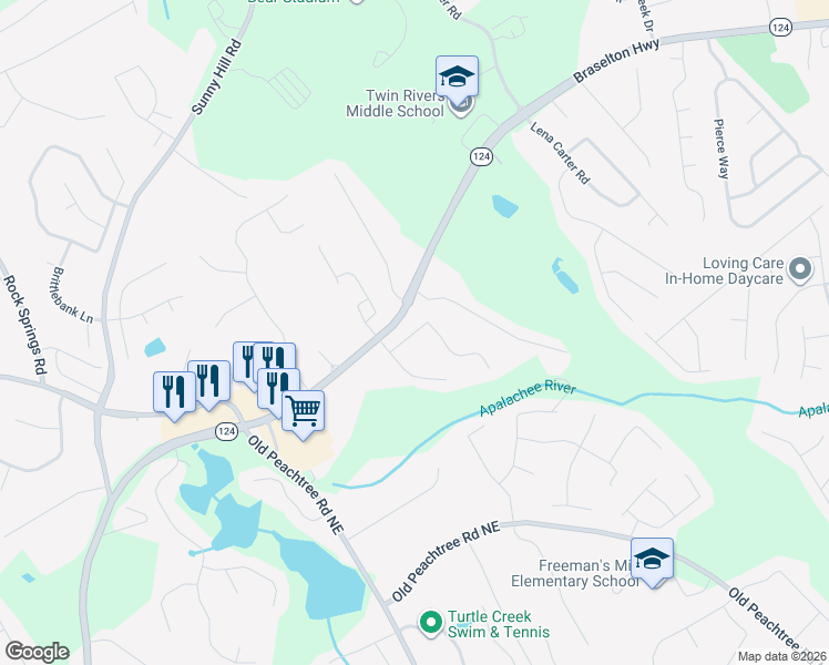 map of restaurants, bars, coffee shops, grocery stores, and more near 2157 Roberts View Trail in Buford
