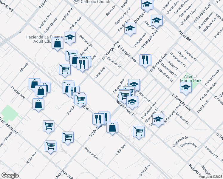 map of restaurants, bars, coffee shops, grocery stores, and more near 314 Tonopah Avenue in La Puente
