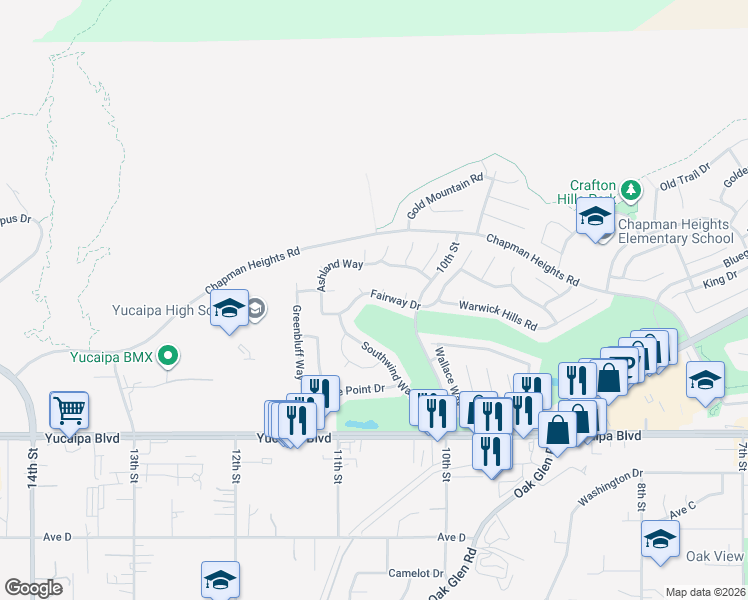 map of restaurants, bars, coffee shops, grocery stores, and more near 33131 Fairway Drive in Yucaipa