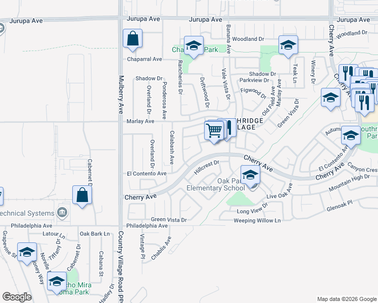 map of restaurants, bars, coffee shops, grocery stores, and more near 13965 El Contento Avenue in Fontana