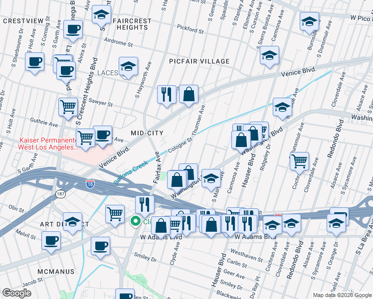 map of restaurants, bars, coffee shops, grocery stores, and more near 2207 Thurman Avenue in Los Angeles