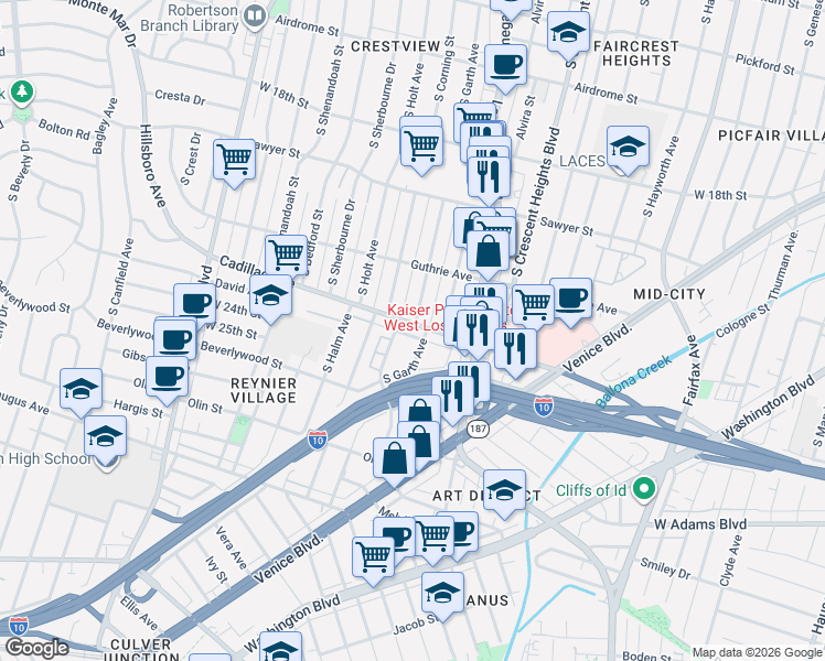 map of restaurants, bars, coffee shops, grocery stores, and more near 2333 South Garth Avenue in Los Angeles
