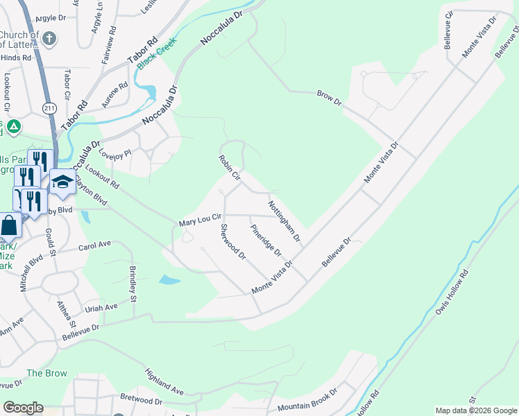 map of restaurants, bars, coffee shops, grocery stores, and more near 233 Pineridge Drive in Gadsden