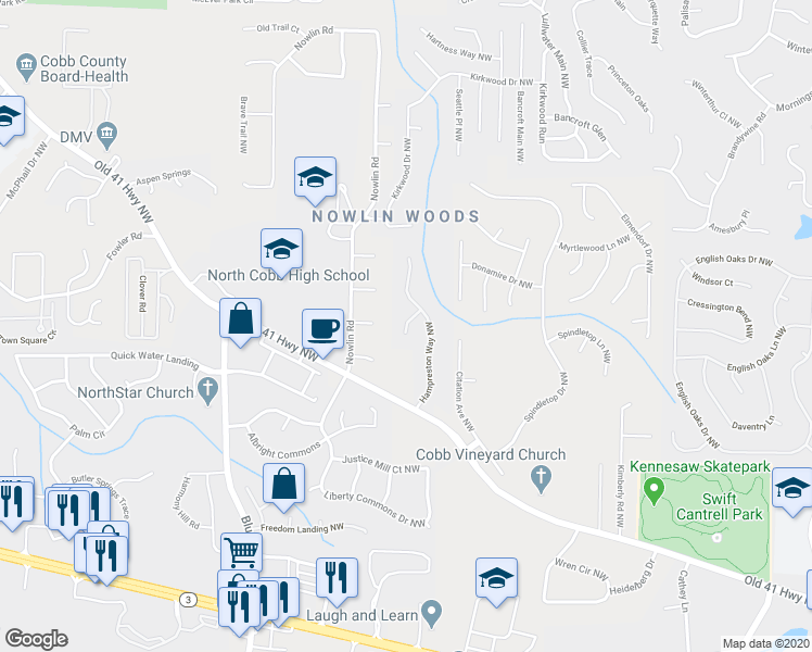 map of restaurants, bars, coffee shops, grocery stores, and more near Ravensworth Trace Northwest in Kennesaw