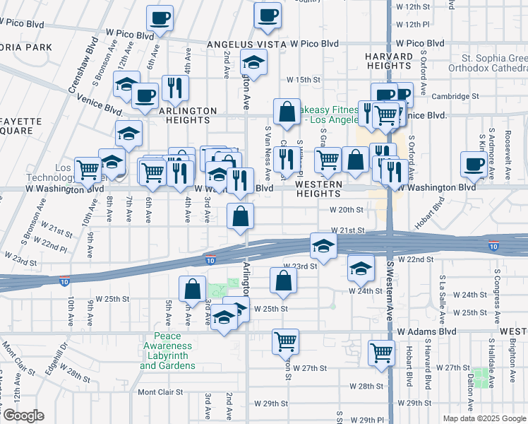 map of restaurants, bars, coffee shops, grocery stores, and more near 2374 West 21st Street in Los Angeles