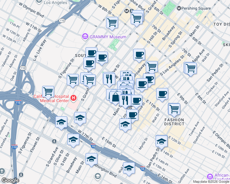 map of restaurants, bars, coffee shops, grocery stores, and more near 1149 South Broadway in Los Angeles