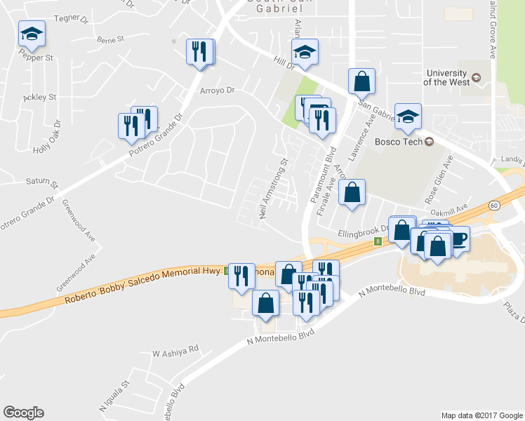 map of restaurants, bars, coffee shops, grocery stores, and more near 1635 Neil Armstrong Street in Montebello