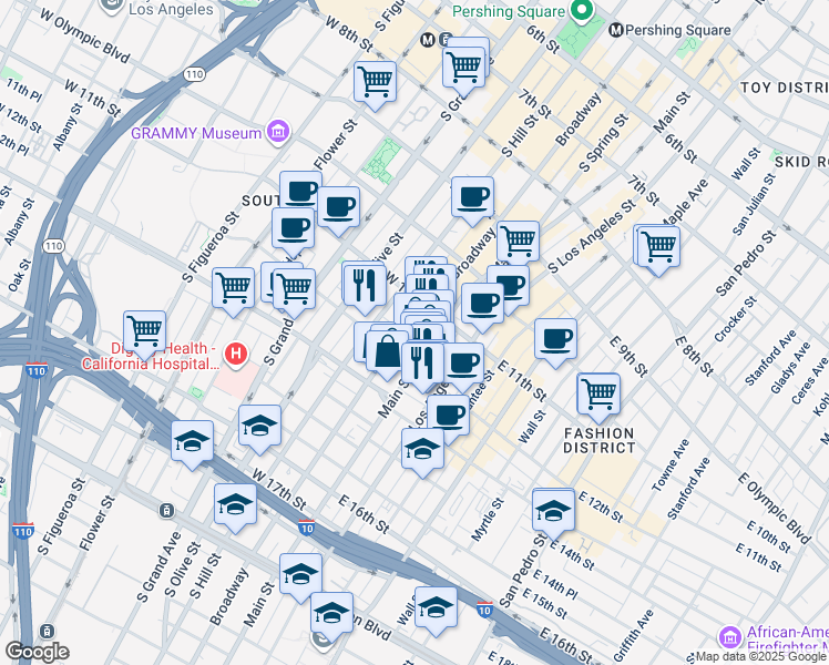 map of restaurants, bars, coffee shops, grocery stores, and more near 120 West 12th Street in Los Angeles