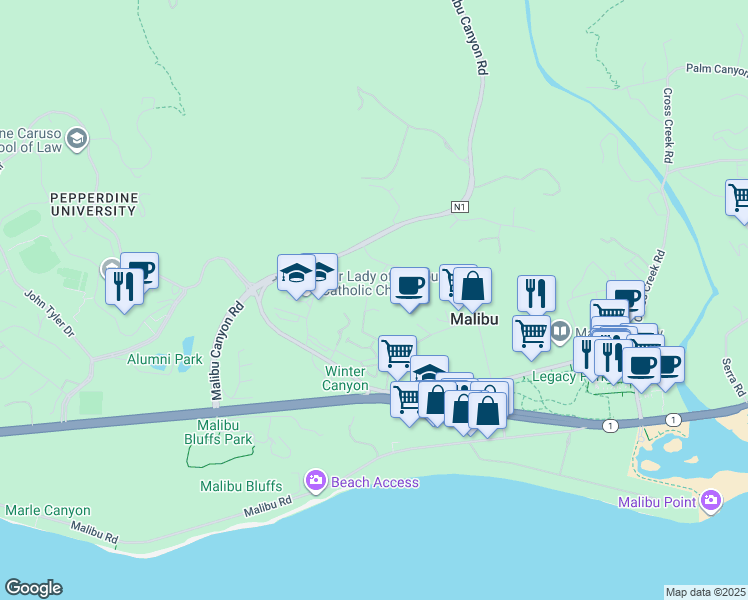 map of restaurants, bars, coffee shops, grocery stores, and more near 3504 Coast View Drive in Malibu