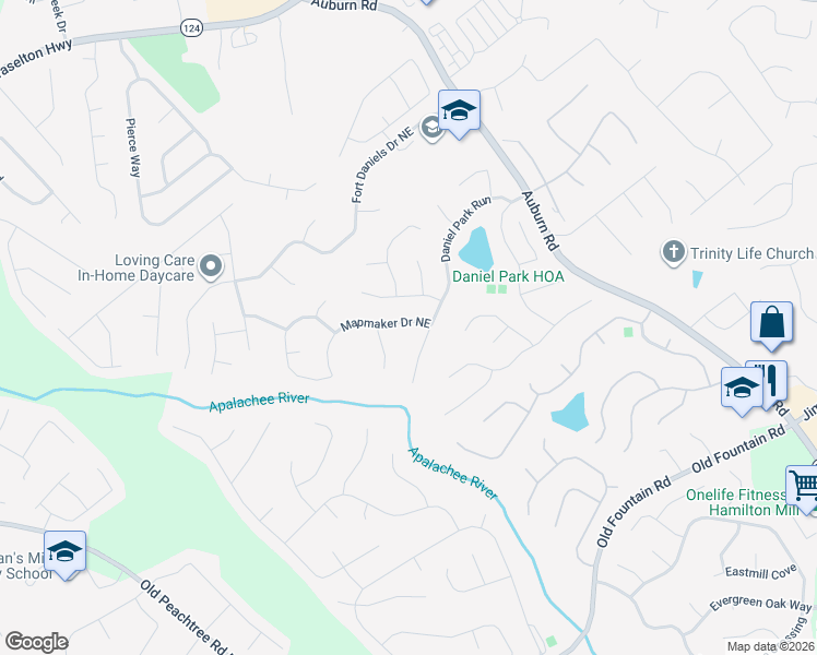 map of restaurants, bars, coffee shops, grocery stores, and more near 1634 Mapmaker Drive Northeast in Dacula