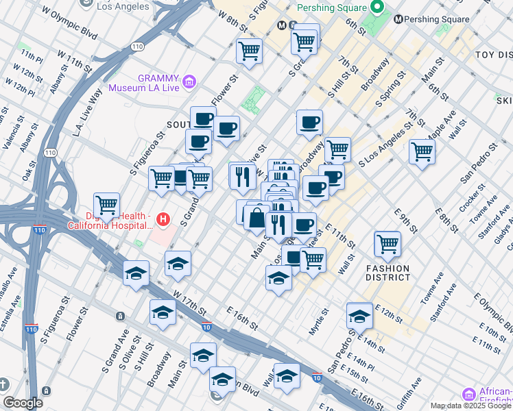 map of restaurants, bars, coffee shops, grocery stores, and more near 1149 South Broadway in Los Angeles