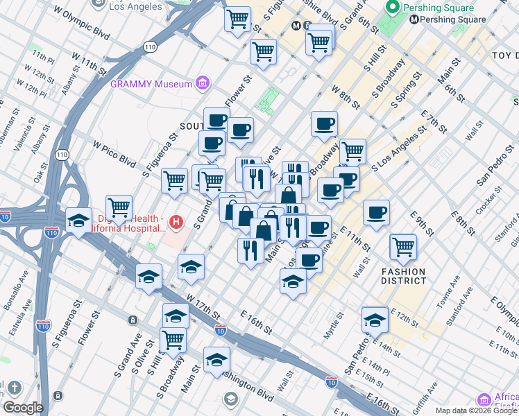 map of restaurants, bars, coffee shops, grocery stores, and more near 1198 South Hill Street in Los Angeles