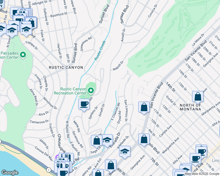 map of restaurants, bars, coffee shops, grocery stores, and more near 644 Amalfi Drive in Los Angeles