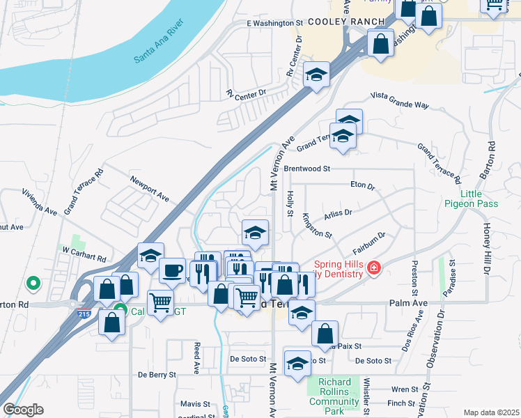 map of restaurants, bars, coffee shops, grocery stores, and more near 11839 Greenbrier Lane in Grand Terrace
