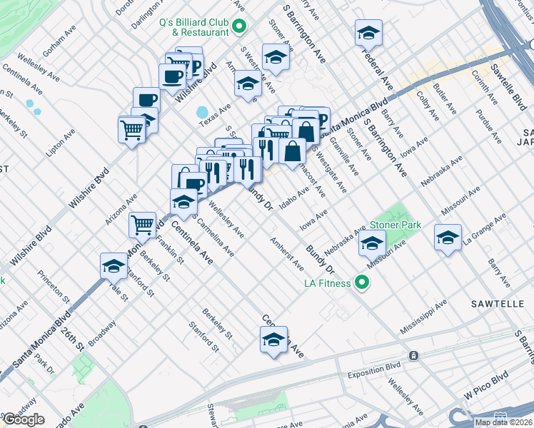 map of restaurants, bars, coffee shops, grocery stores, and more near 1533 South Bundy Drive in Los Angeles