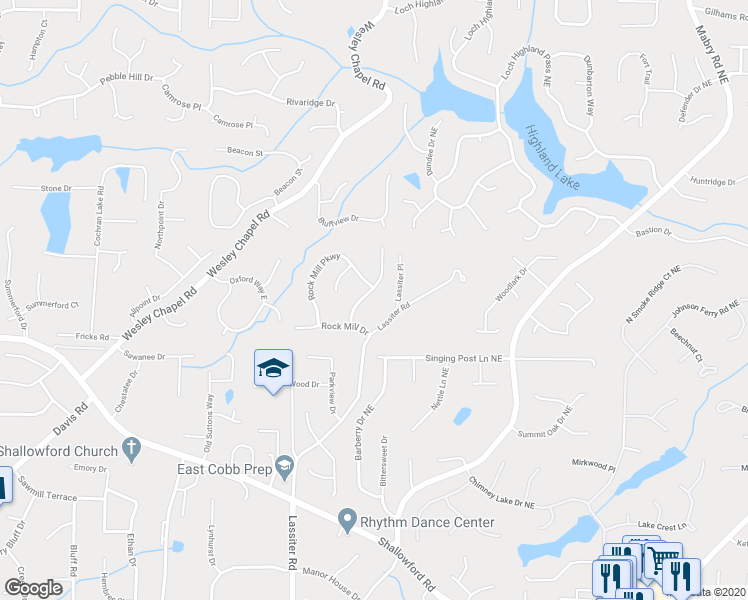 map of restaurants, bars, coffee shops, grocery stores, and more near 4025 Rock Mill Pkwy in Marietta