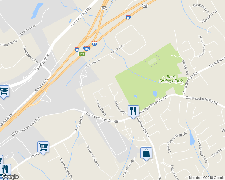 map of restaurants, bars, coffee shops, grocery stores, and more near 2989 Arden Ridge Terrace in Suwanee